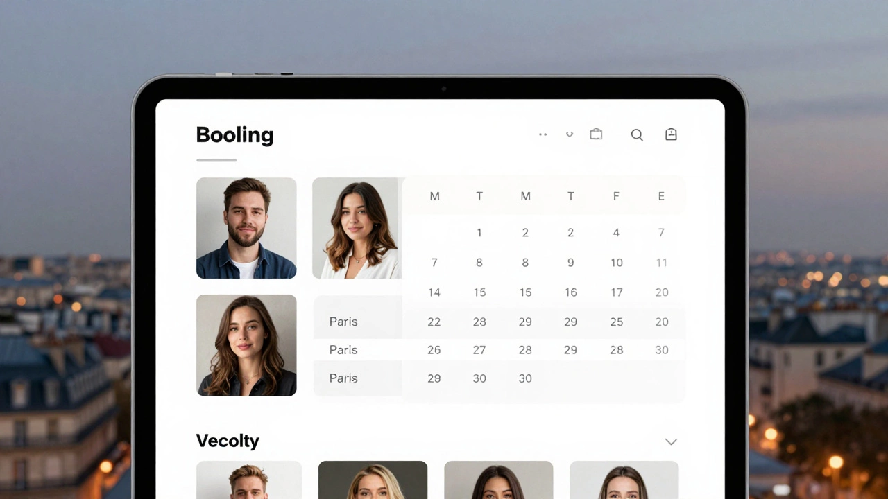 A clean digital profile interface showing verified escort services in Paris with pricing and availability.