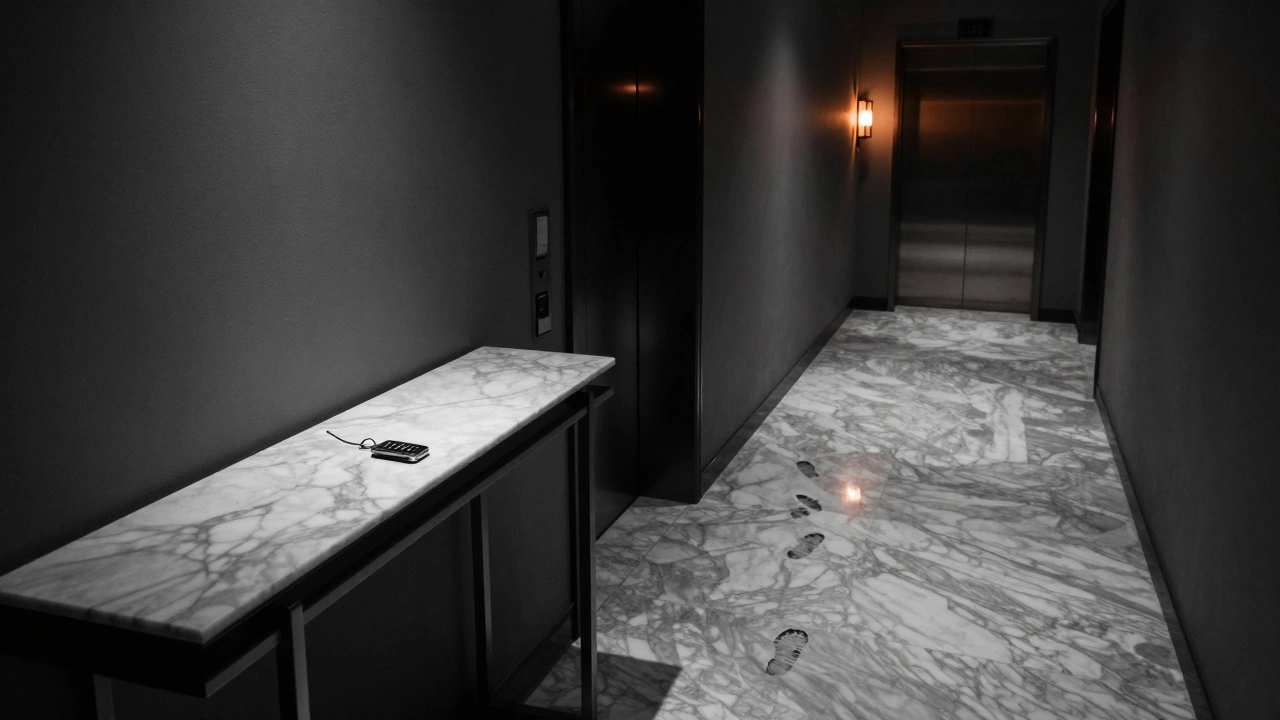 An empty luxury hotel corridor at night, a keycard resting on marble beside a closed door with no markings.